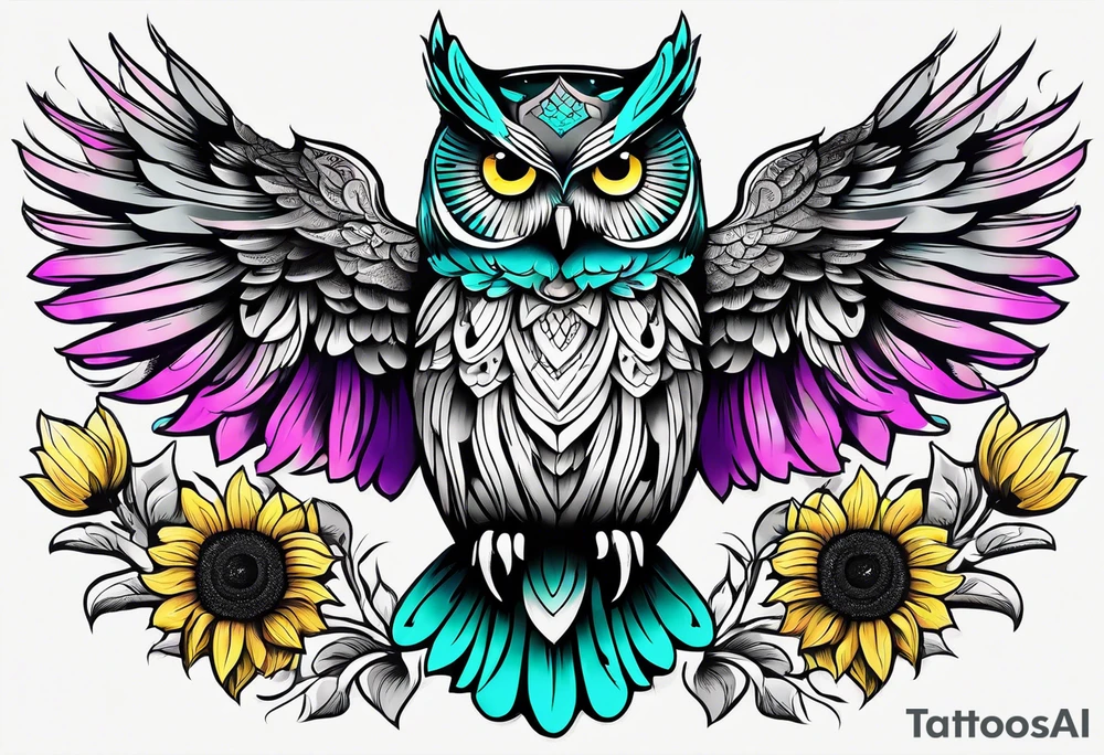 Black and white owl shaded teal, pink and purple surrounded by yellow sunflowers sleeve tattoo idea
