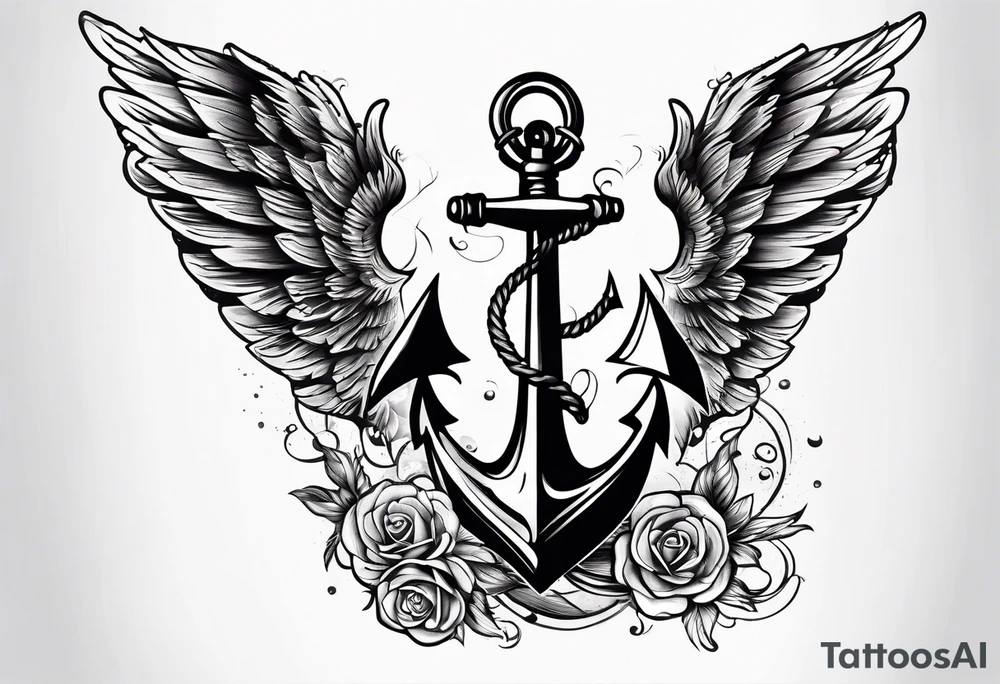 a ship anchor with an s through the anchor and angle wings on the left and right side tattoo idea