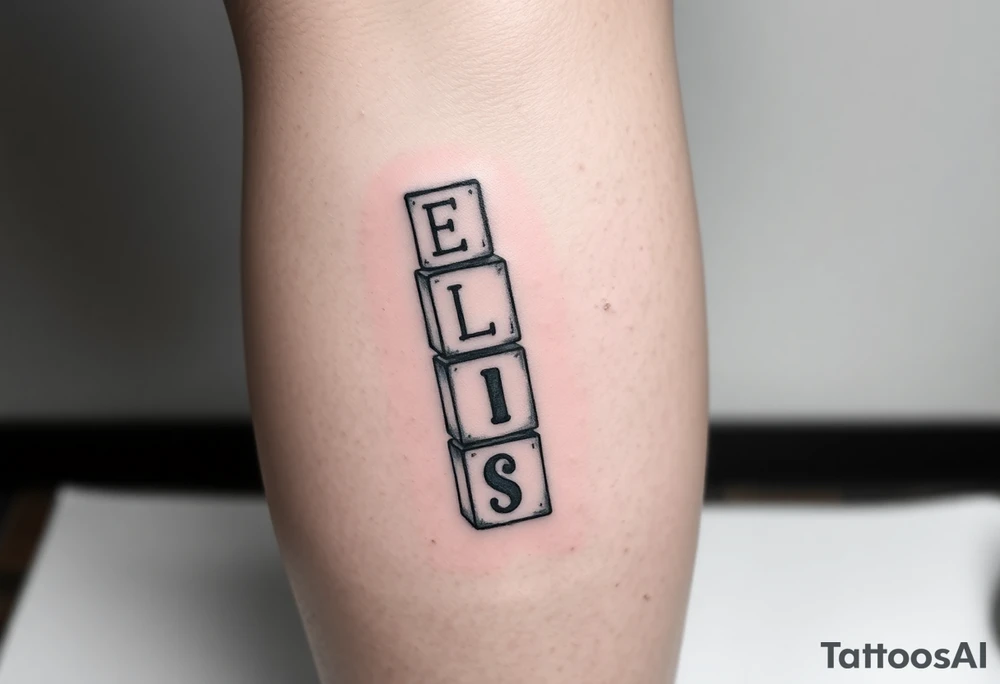 childrens blocks with ELISE on them vertically arranged on the calf tattoo idea