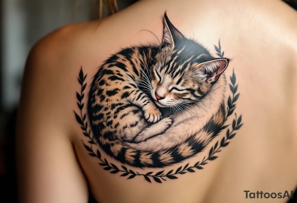 A cat and kitten in black ink intertwined in sleep represents warmth, trust, and quiet love. tattoo idea