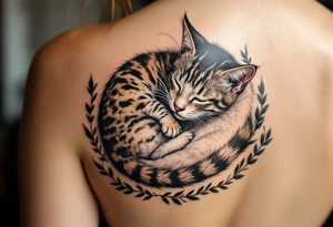 A cat and kitten in black ink intertwined in sleep represents warmth, trust, and quiet love. tattoo idea