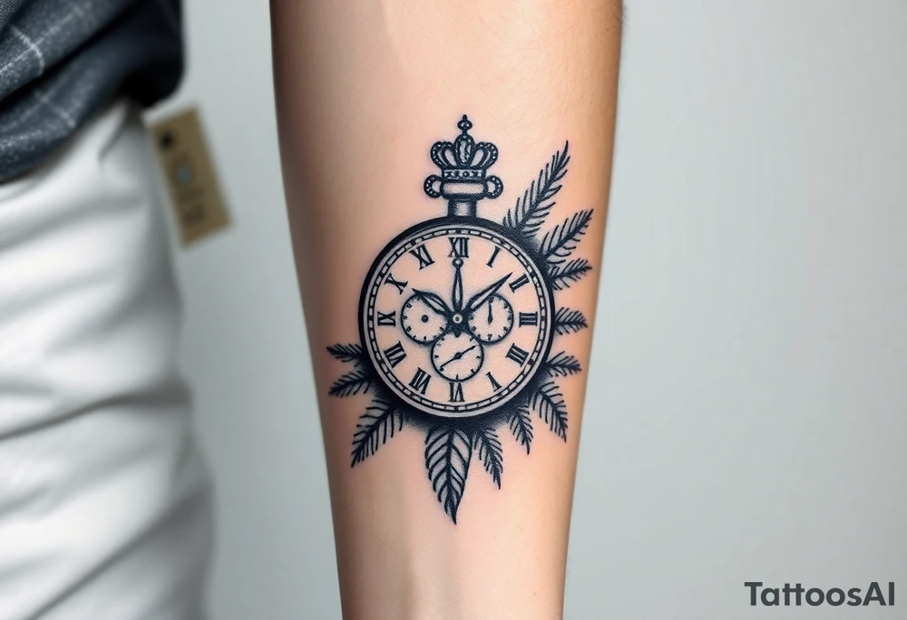 Hazme un tatuaje en el antebrazo que tenga un fondo de playa con palmeras le siga un reloj rompiéndose con un balón de fútbol con relieve con una corona y que encima del tatuaje ponga el tiempo De Dios es perfecto con una fuente en cursiva y negrita tattoo idea