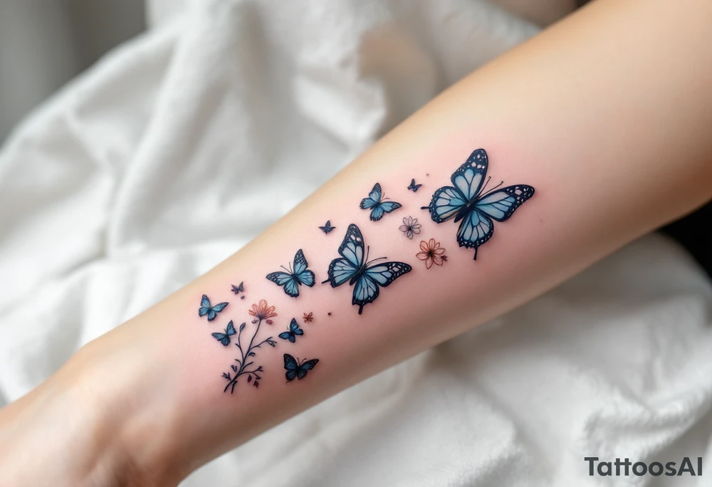 Tattoo of about 10 butterflies that look realistic and different sizes spaced out with some flower or vine tattoo idea