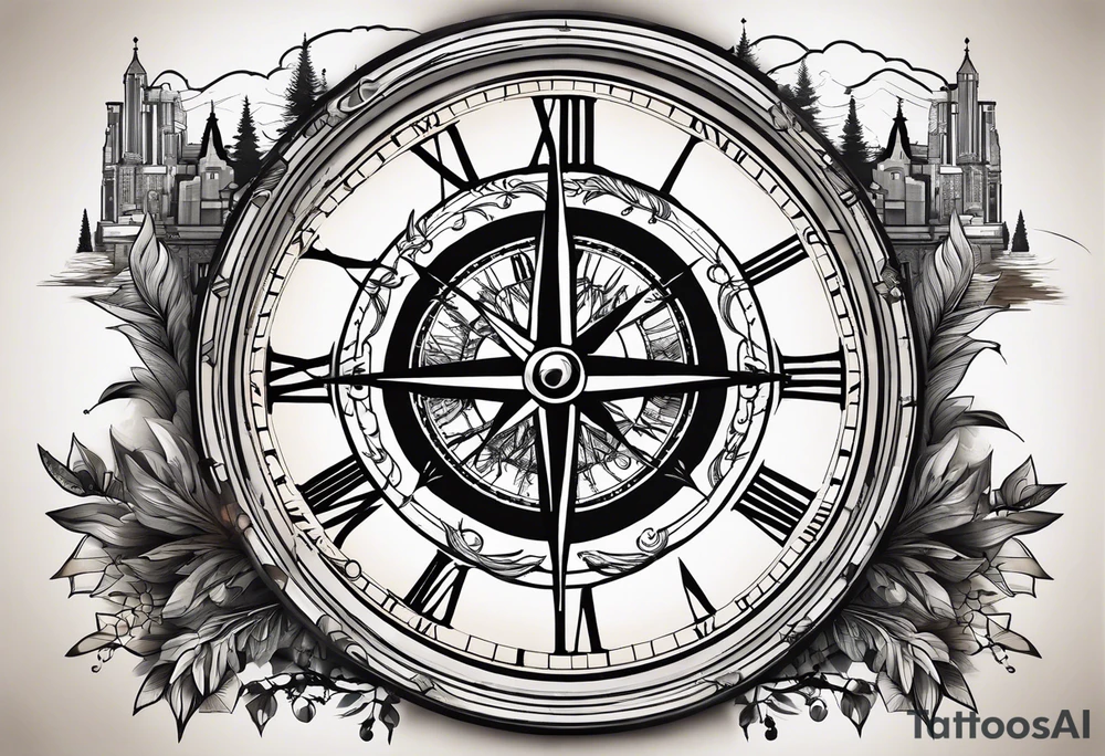 half compass half clock with arrow in the middle; nature on one side, cityscape on one side tattoo idea