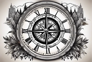 half compass half clock with arrow in the middle; nature on one side, cityscape on one side tattoo idea