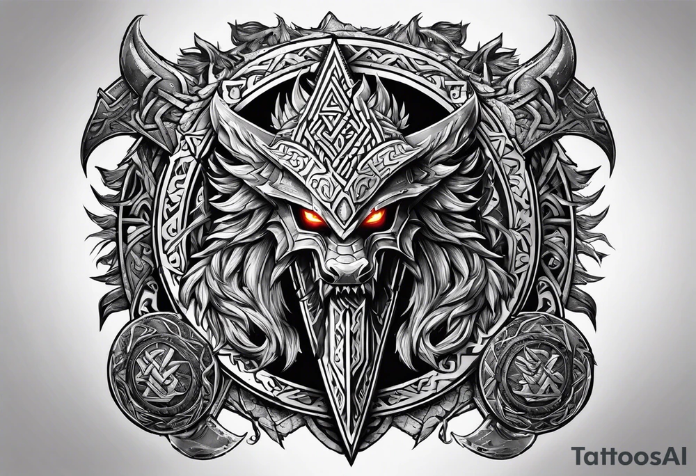 Valhalla sword shield dragon axe Valknut tribal tattoo idea Valhalla sword shield dragon axe Valknut tribal tattoo idea