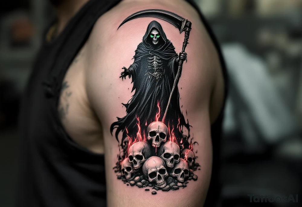 A black-and-gray Reaper with deep green eyes standing atop a pile of glowing red skull tattoo idea