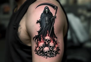 A black-and-gray Reaper with deep green eyes standing atop a pile of glowing red skull tattoo idea