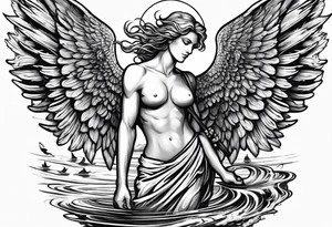 male angel with halo fishing in on a shore tattoo idea