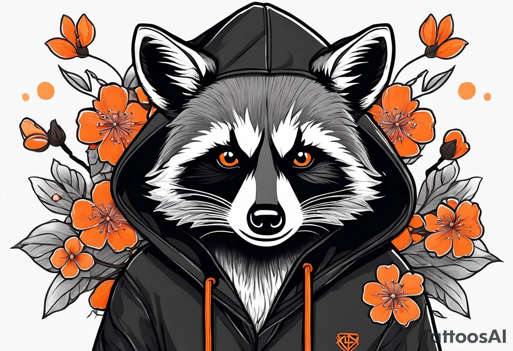 Raccoon wearing a white Superman logo on a black hoodie and orange Japanese cherry blossoms beside tattoo idea