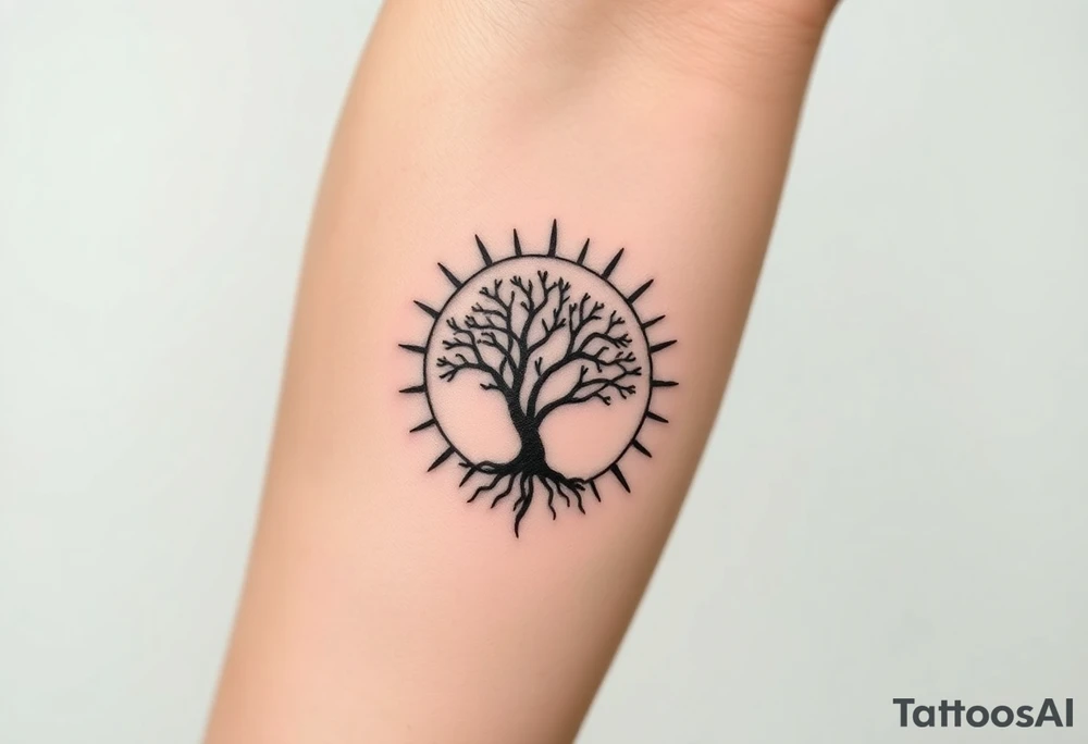 Tree inside of a spiral sun tattoo idea