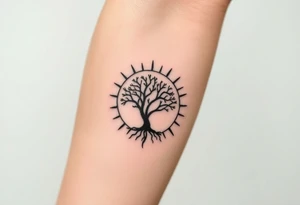 Tree inside of a spiral sun tattoo idea