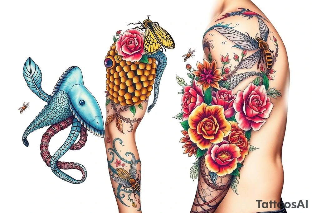 Colorful sea creatures with honey comb, bees, and roses tattoo idea