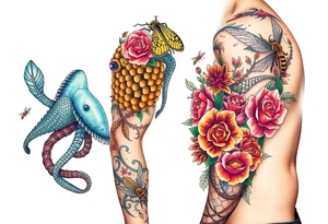 Colorful sea creatures with honey comb, bees, and roses tattoo idea
