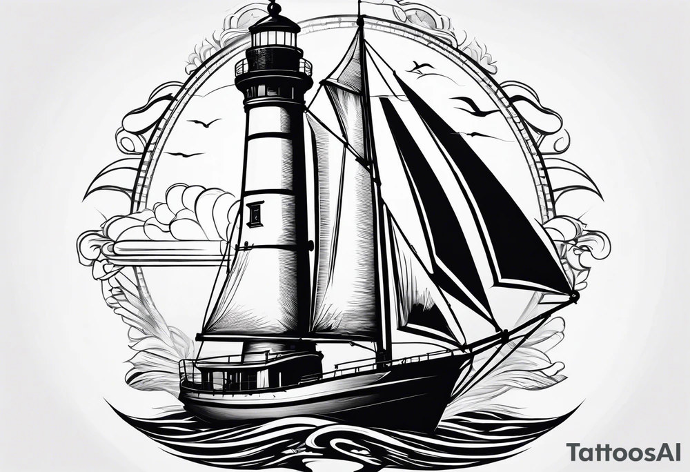 maritime lighthouse in a front view sailboat serving as a mast for a sail. tattoo idea
