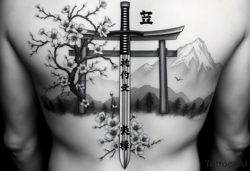 This is a black and gray realism tattoo rooted in discipline, duality, and intention. The centerpiece is a vertical katana, modeled after your original ink, clean and upright like a spine—symbolizing focus, precision, and grounded energy. It’s wrapped in the flowing limbs of a sakura tree, not as an accessory, but as an extension of the blade itself—representing beauty that blooms in adversity. Cherry blossoms aren’t scattered for aesthetics—they move with the wind, some drifting in the foreground, others clinging to the sword like it’s their protector. Behind it all sits a misty torii gate and layered mountains, giving the piece weight, history, and spiritual context. The kanji 平和の剣 (“Sword of Peace”) rides the piece vertically, not slapped on but earned—a message that resonates from the blade outward. The shading is deep and unifying, giving everything one breath, one tone, one story. Nothing floats, nothing competes. The sword doesn’t dominate the art—it becomes the axis around which peace, nature, and power orbit. tattoo idea