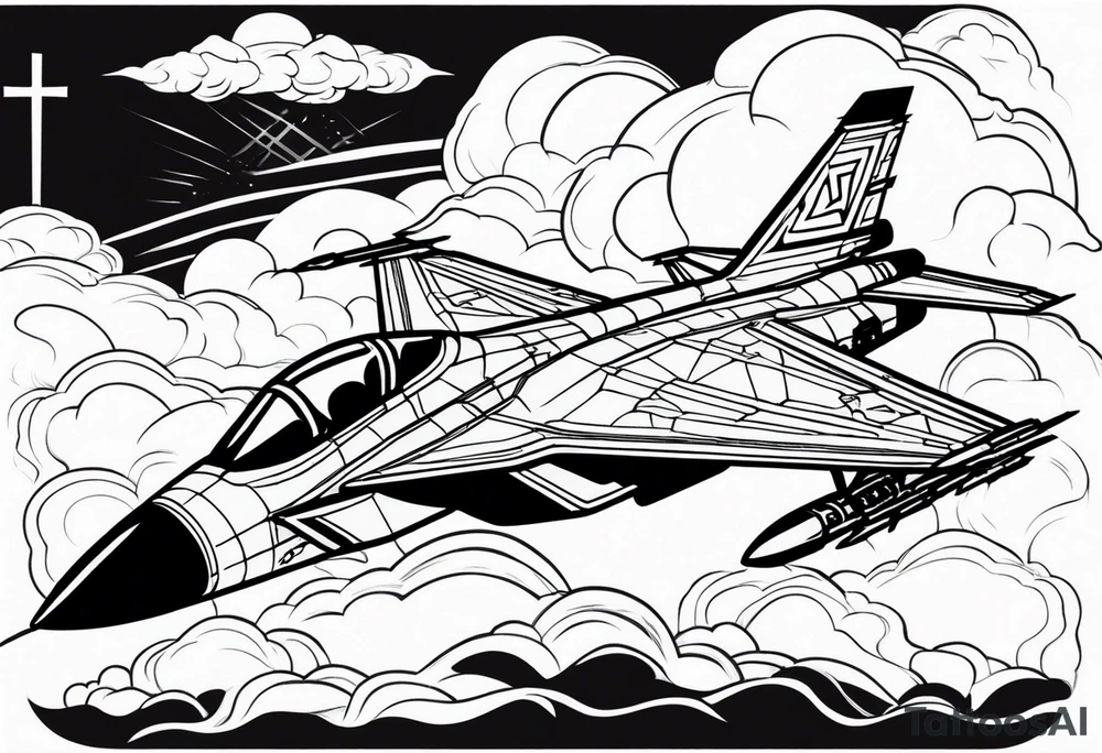 Fighter jet with a Celtic cross in the clouds. With the date 09-07-2023 in clouds tattoo idea