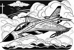Fighter jet with a Celtic cross in the clouds. With the date 09-07-2023 in clouds tattoo idea
