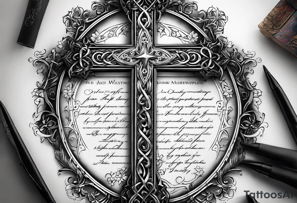 A cross under that is a scroll with my family’s names on it and put some stars around it tattoo idea