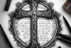 A cross under that is a scroll with my family’s names on it and put some stars around it tattoo idea