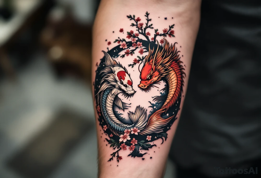 koi fish fighting a dragon in a yin yang format 
with a sakura tree in the background, Japanese inspired piece tattoo idea