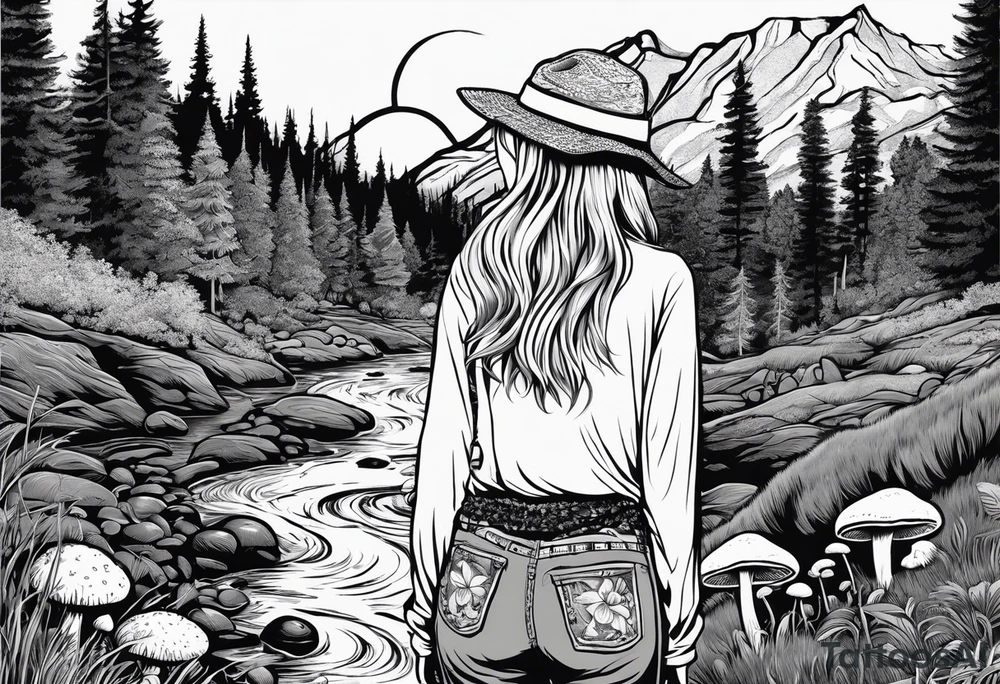 Whole picture encircled fully

Straight long blonde hair hippie girl in distance holding mushrooms in hand facing away toward mountains and creek surrounded by mushrooms long sleeve shirt and hiking pants; whole rendering within a full circle, no cut off circle tattoo idea