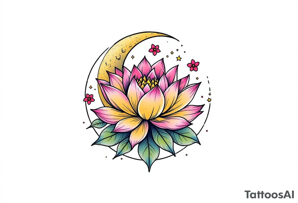 tiny colorful crescent moon with lotus flower tattoo idea
