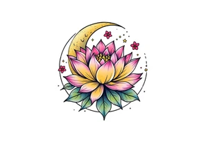 tiny colorful crescent moon with lotus flower tattoo idea