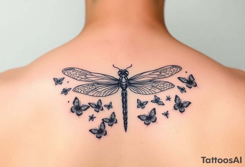 dragonfly surrounded by small butterflies tattoo idea