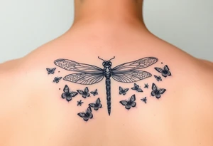 dragonfly surrounded by small butterflies tattoo idea