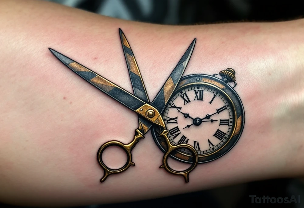 Scissors and Clock Tattoo – A vintage-style pair of brass scissors placed near an old-fashioned pocket watch, with black and gold tones to create a sense of timelessness, symbolizing the passage of time and the precision of moments. tattoo idea
