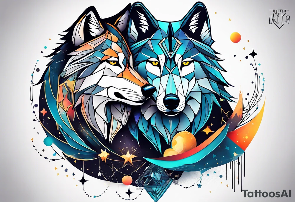 Constellation, two animal wolf, géométric tattoo idea