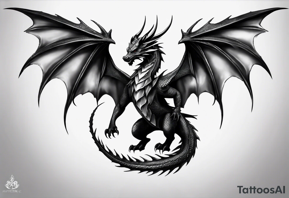 Symmetrical, Realistic dragon, facing forward. With both wings spread out. Torn look to wings. Tails wraps down and has a morning star weapon at the end of tail. The tattoo would be suitable for the centre of a chest tattoo idea