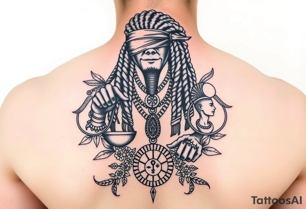 Slyph with dreads wearing blind fold and ankh pendant with tattoos holding weighing scales with the sun and moon rose vines surrounding and Anubis guarding tattoo idea
