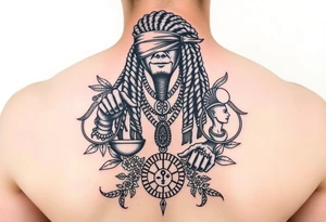 Slyph with dreads wearing blind fold and ankh pendant with tattoos holding weighing scales with the sun and moon rose vines surrounding and Anubis guarding tattoo idea
