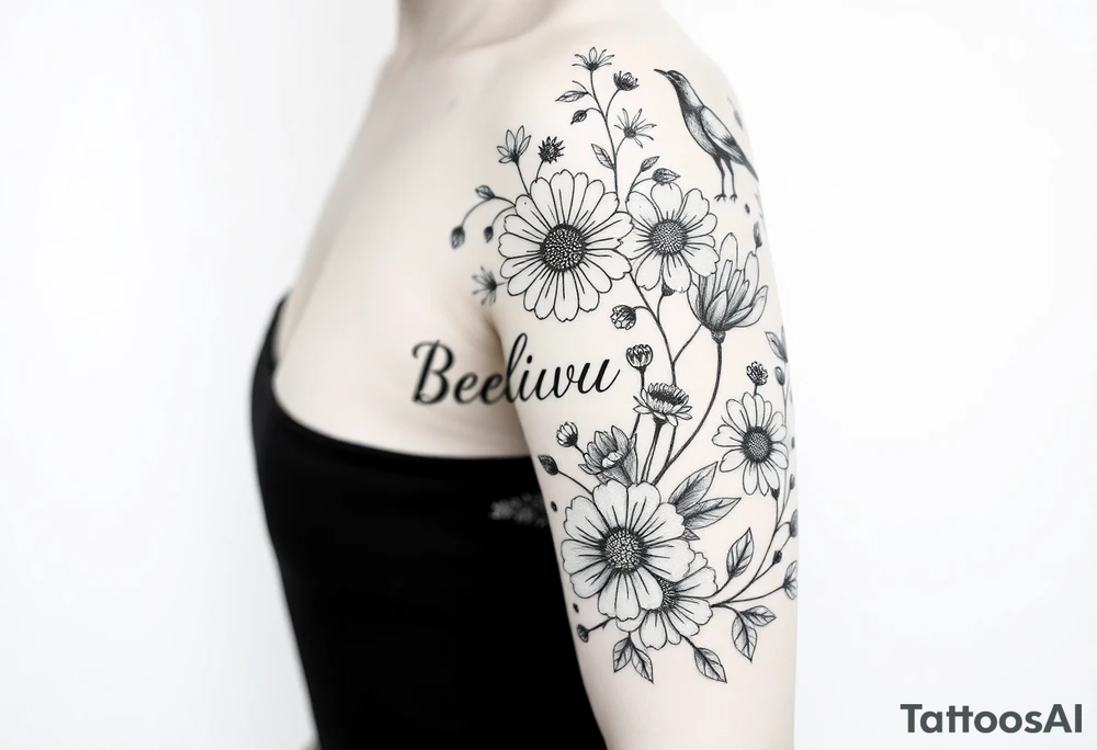 shoulder and three quarter sleeve.  Include crow, honey bee, dandelion puffball, daisy, poppy flower, hawaii flower, dragon flower, the word believe, sprite fairy, dog wood flower, dates: 01/20/85, 5/31/91, 6/10/99, surrounded by floral ornaments and leaves tattoo idea