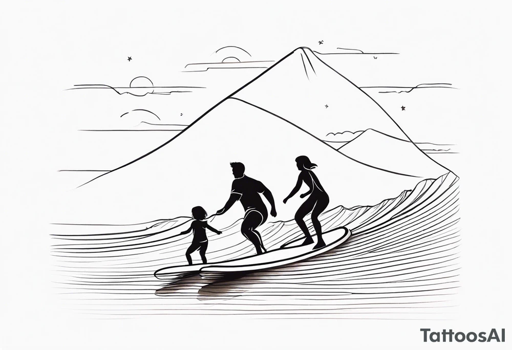 Single line tattoo depicting a father surfing with his two daughters tattoo idea