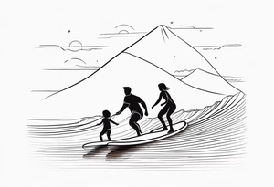 Single line tattoo depicting a father surfing with his two daughters tattoo idea