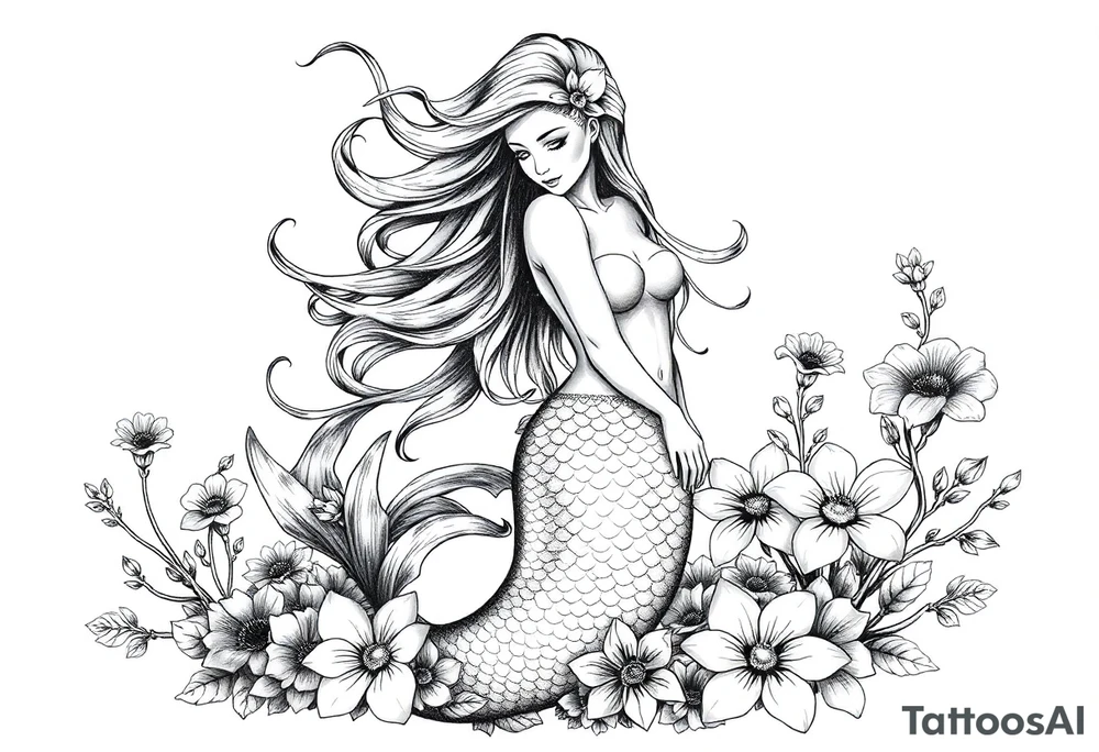 ethereal mermaid with flowing hair among coral and sea flowers tattoo idea