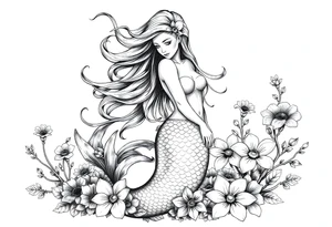ethereal mermaid with flowing hair among coral and sea flowers tattoo idea