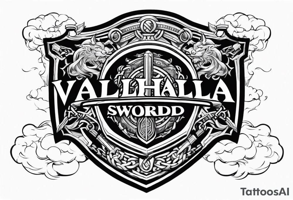 Valhalla sword fire chains shield clouds tattoo idea