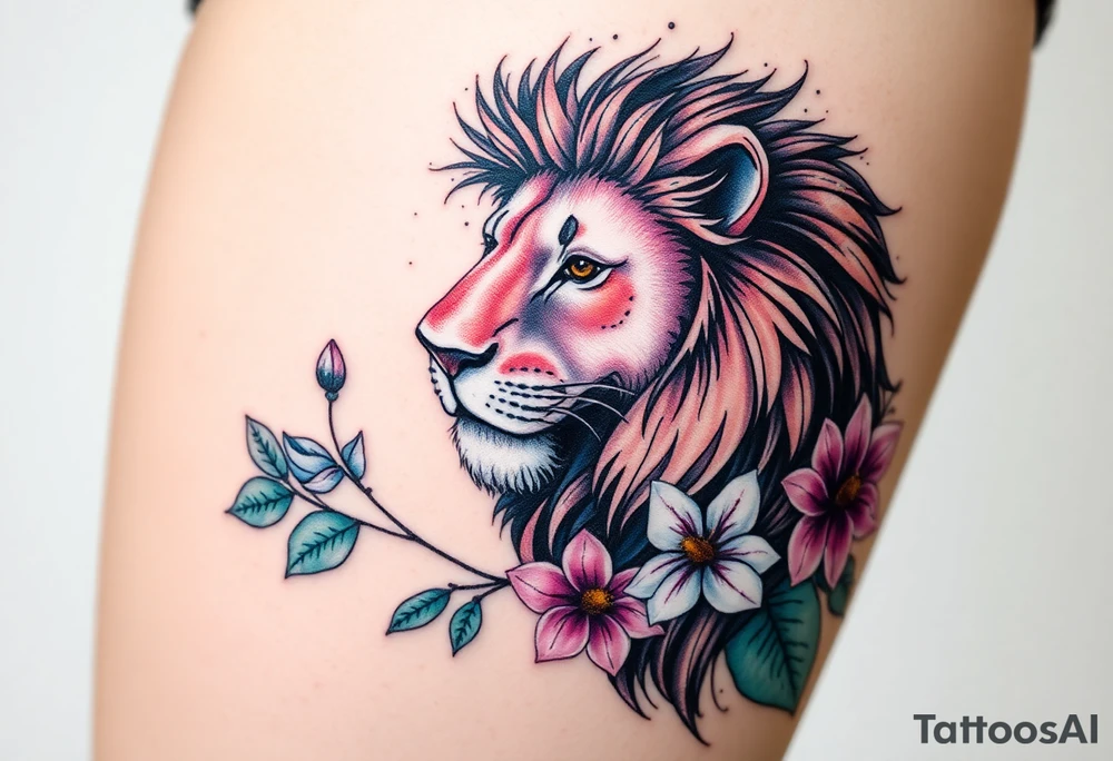 Lion with larkspur and water lilies tattoo idea
