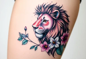 Lion with larkspur and water lilies tattoo idea