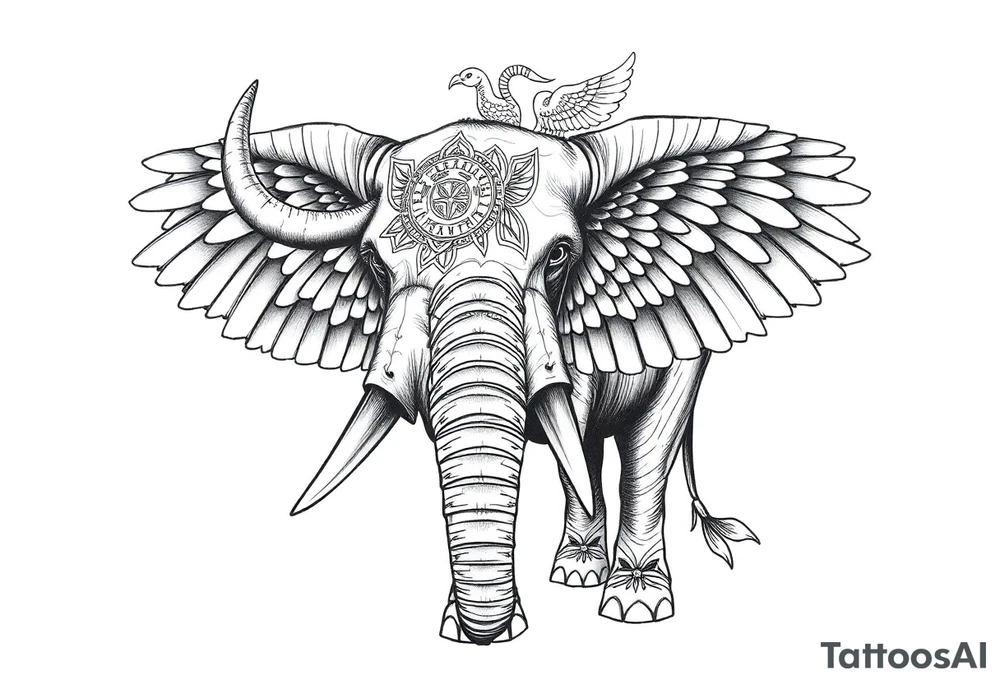 A horned African elephant with ears that resemble the wings of a falcon and covered in Egyptian symbolism tattoo idea