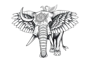 A horned African elephant with ears that resemble the wings of a falcon and covered in Egyptian symbolism tattoo idea