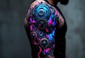 A biomechanical arm tattoo where gears spin under translucent synthetic skin lit with neon pink and cobalt blue veins. tattoo idea