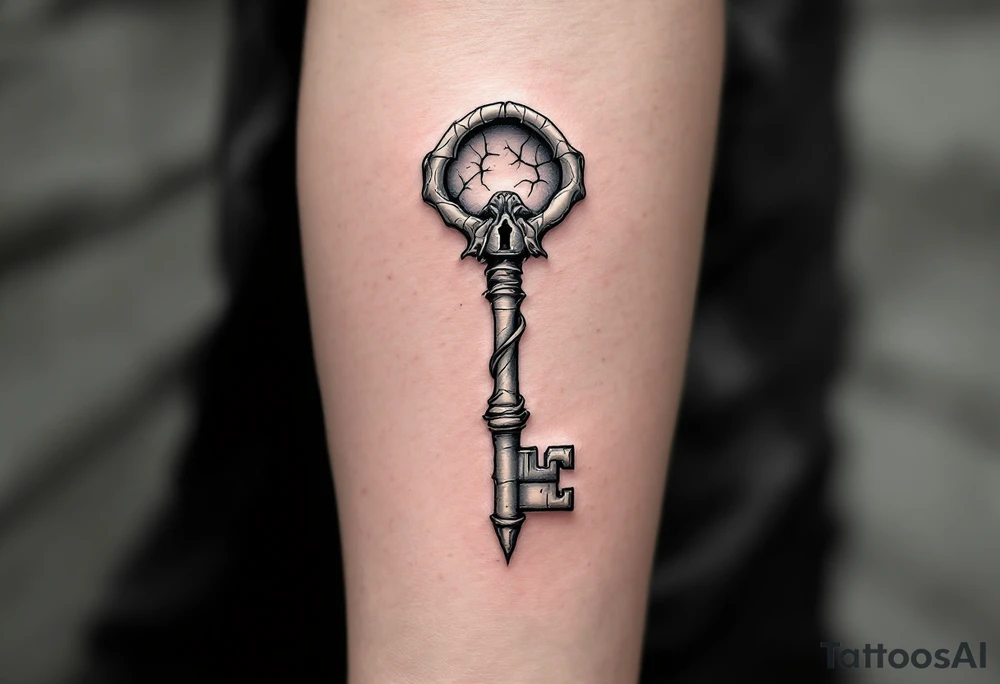 Minimalist finger bone key and ribcage lock – A surreal design where the key is carved from a skeletal finger bone, pointing downward, and the lock is embedded into a cracked human ribcage. The style is fine line with soft shading in muted gray and bone white, accented with light shadowing and subtle black ink details to give it a haunting yet elegant vibe. tattoo idea