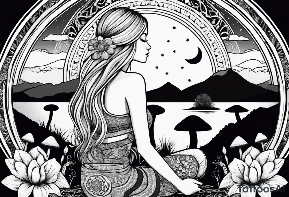 Straight blonde hair girl meditating facing away toward mountains surrounded by mushrooms crescent moon mandala circular design black and white striped dress tattoo idea