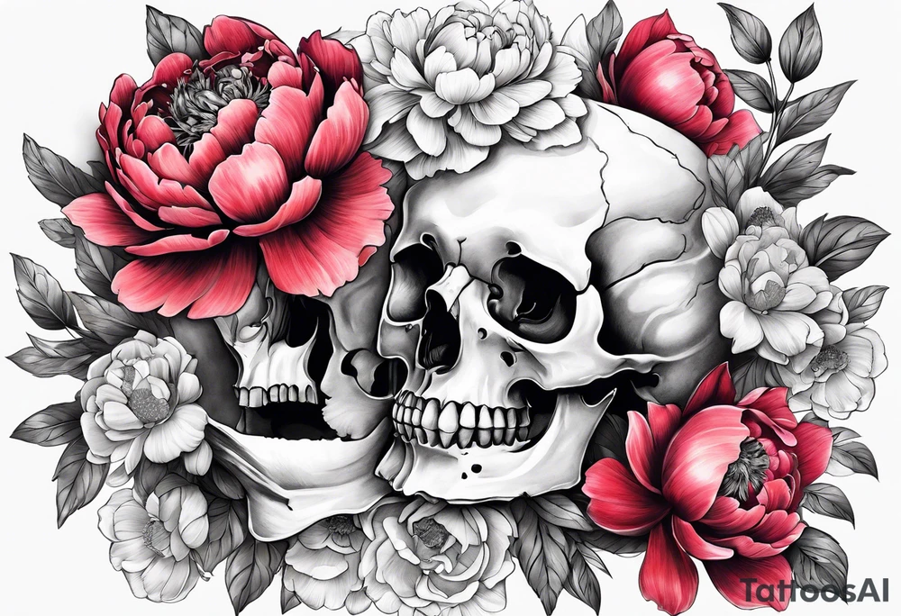 Human skull and horse skull with peonies. Big enough to fit on a female rib cage tattoo idea