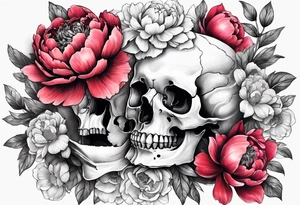 Human skull and horse skull with peonies. Big enough to fit on a female rib cage tattoo idea